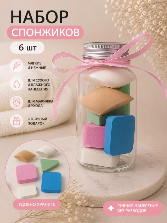 Набор спонжиков для нанесения макияжа 6 шт