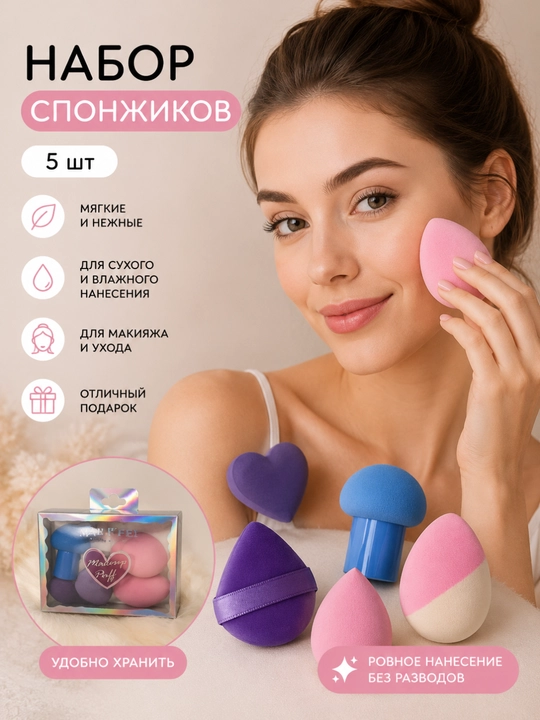Makiyaj uchun gubkalar to‘plami, 6 dona - 