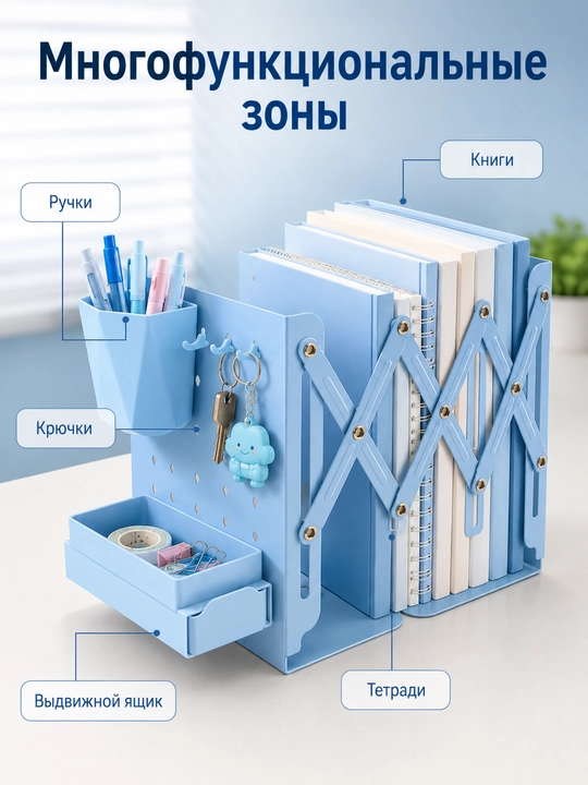 Раздвижной органайзер для книг с подставкой для ручек крючками и ящиком на стол