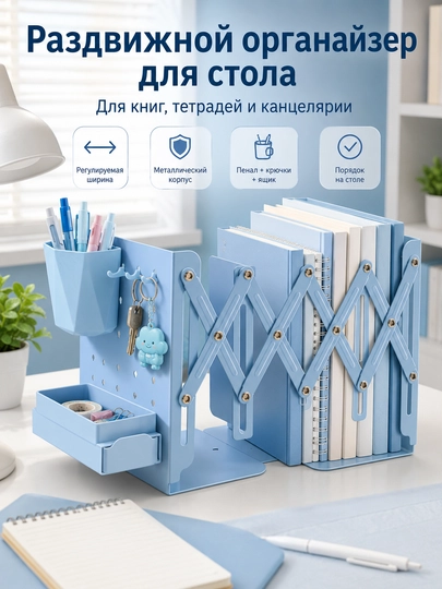 Раздвижной органайзер для книг с подставкой для ручек крючками и ящиком на стол - 
