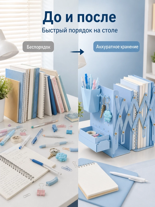 Раздвижной органайзер для книг с подставкой для ручек крючками и ящиком на стол