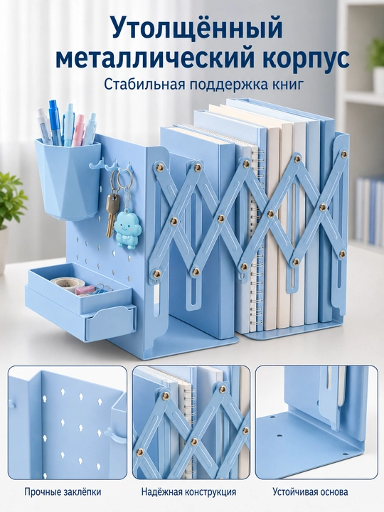 Раздвижной органайзер для книг с подставкой для ручек крючками и ящиком на стол