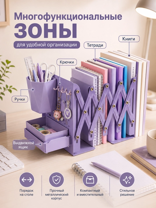 Раздвижной органайзер для книг с подставкой для ручек крючками и ящиком на стол