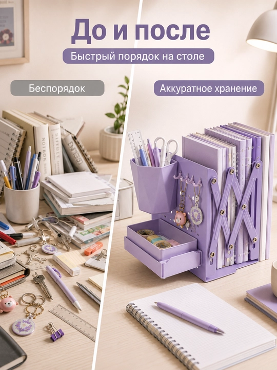 Раздвижной органайзер для книг с подставкой для ручек крючками и ящиком на стол