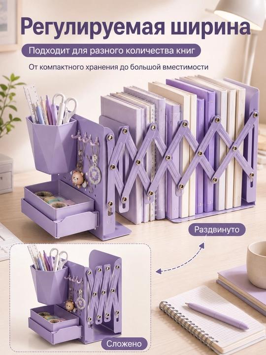 Раздвижной органайзер для книг с подставкой для ручек крючками и ящиком на стол
