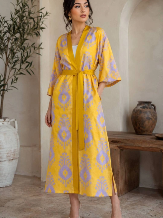 Ayollar uchun uzun lion matoli xalat, zamonaviy kimono uslubidagi elegant libos 44-50 - 