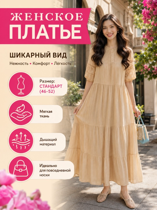 Женское летнее платье миди лёгкое свободное платье 46–52 из хлопка стильное повседневное - 