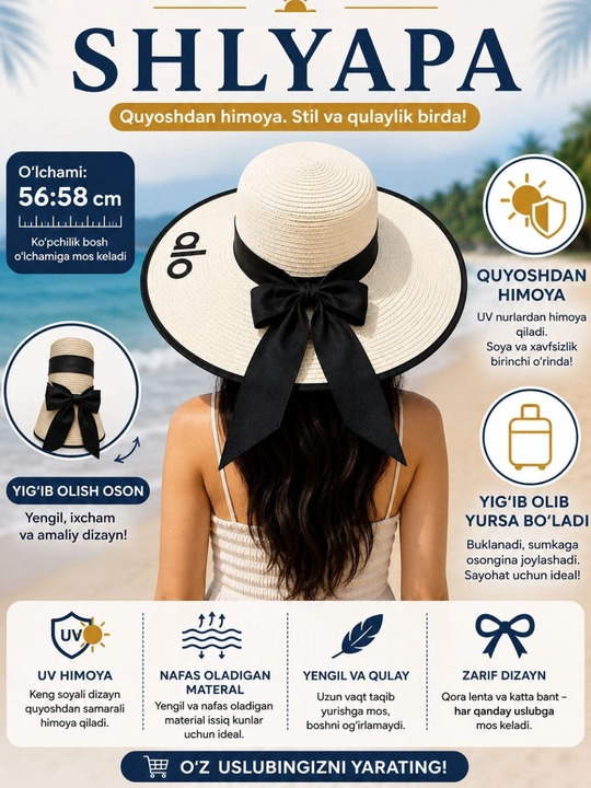 Ayollar va qizlar uchun yozgi shlyapa, katta, plyaj va kundalik