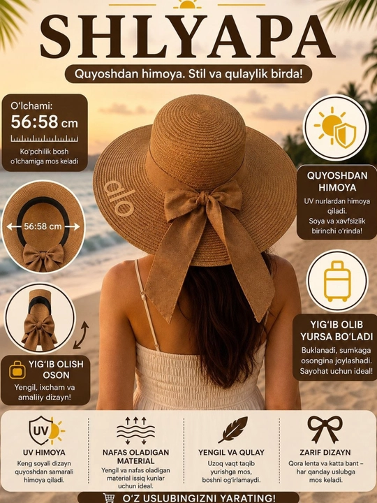 Ayollar va qizlar uchun yozgi shlyapa, katta, plyaj va kundalik