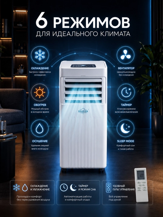 Мобильный кондиционер+ обогреватель UAKEEN, 2 пульта, работа с фрионом