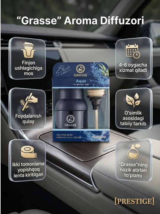 Avtomobil diffuzori Grasse — 4-6 oy, tayoqcha va efir moylari, stakan ushlagichga mos