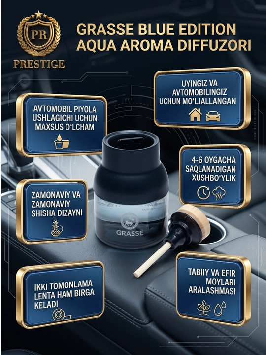 Avtomobil diffuzori Grasse — 4-6 oy, tayoqcha va efir moylari, stakan ushlagichga mos