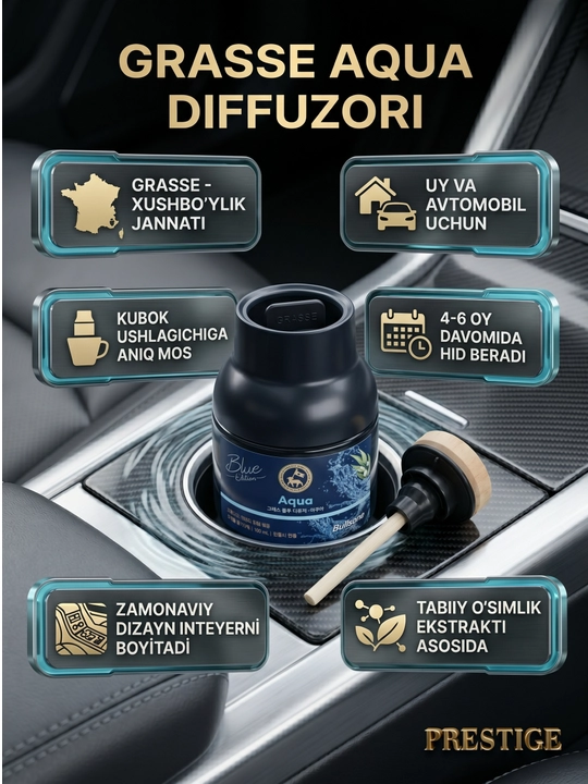 Avtomobil diffuzori Grasse — 4-6 oy, tayoqcha va efir moylari, stakan ushlagichga mos - 
