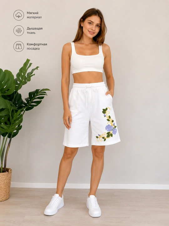 Ayollar uchun oversize shortiklar, oq rang, atirgul kashtasi bilan - 
