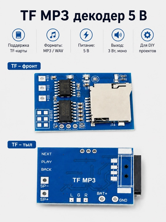 MP3 Dekoder Modul 5V USB TF kartali, 3W mono kuchaytirgich va 3.5mm chiqish - 