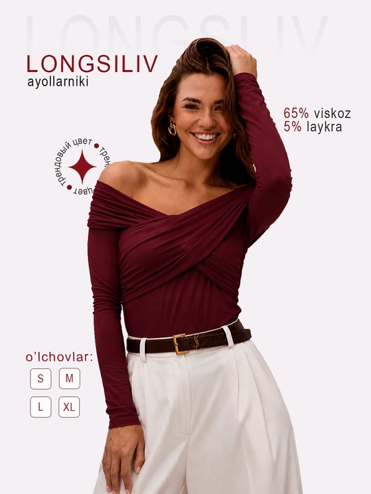 Ayollar uchun longsliv, ochiq yelkali ustki kiyim, o‘yilgan, drapirovkali kofta - 