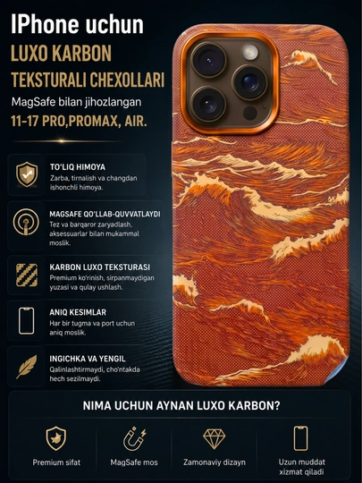 Чехол Luxo Karbon с волнистым морским декором для iPhone 11–17 Pro, Pro Max, Air — XUPSOAT-Luxochexol-ОРАНЖ-L16prom