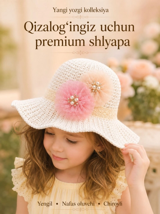 4-8 yoshli qizlar uchun yozgi premium shlyapa – yengil va nafas oluvchi panama