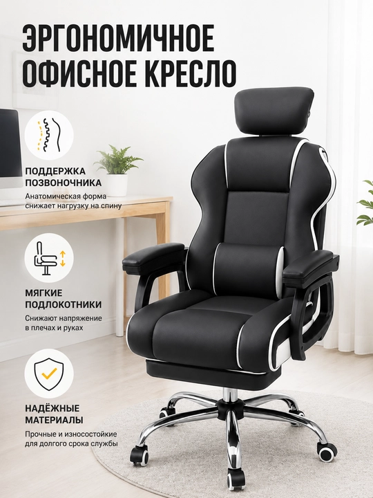 Kreslo, ergonomik oq-qora, bosh suyanchiqli