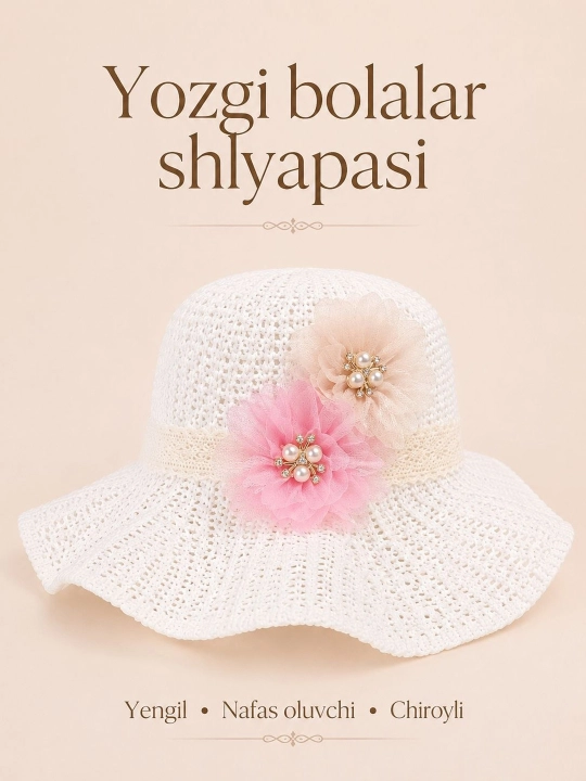 4-8 yoshli qizlar uchun yozgi premium shlyapa – yengil va nafas oluvchi panama