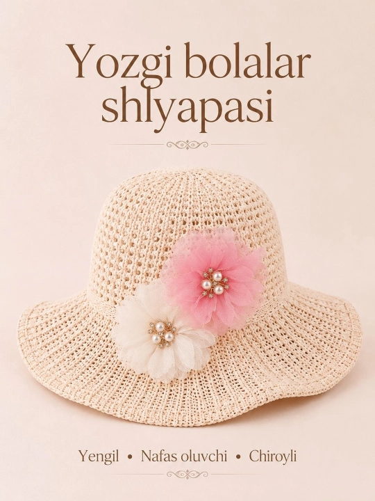 4-8 yoshli qizlar uchun yozgi premium shlyapa – yengil va nafas oluvchi panama