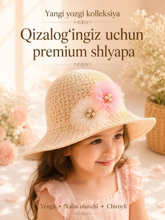 4-8 yoshli qizlar uchun yozgi premium shlyapa – yengil va nafas oluvchi panama