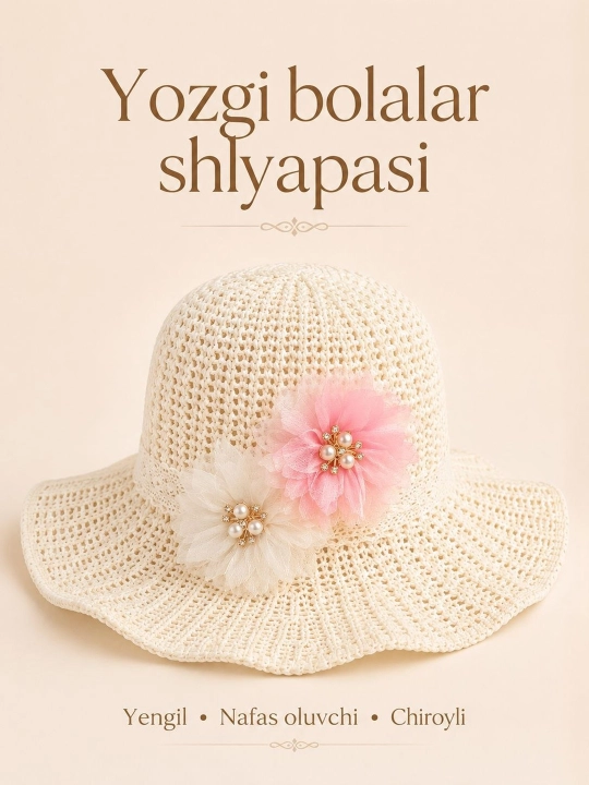 4-8 yoshli qizlar uchun yozgi premium shlyapa – yengil va nafas oluvchi panama