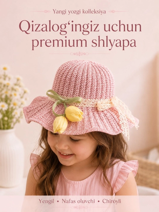 4-8 yoshli qizlar uchun yozgi premium shlyapa – yengil va nafas oluvchi panama
