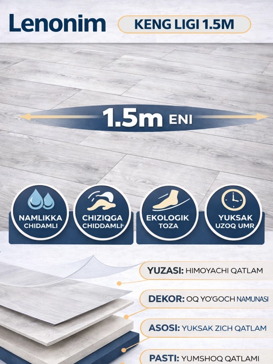 Lenonim 1.5M | Дизайн под выбеленное дерево | Влагостойкий | Устойчивый к царапинам