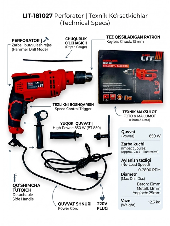 Professional perforator, 3 rejimli, 26 mm, LIT perforatori, erkaklar uchun sovg‘a