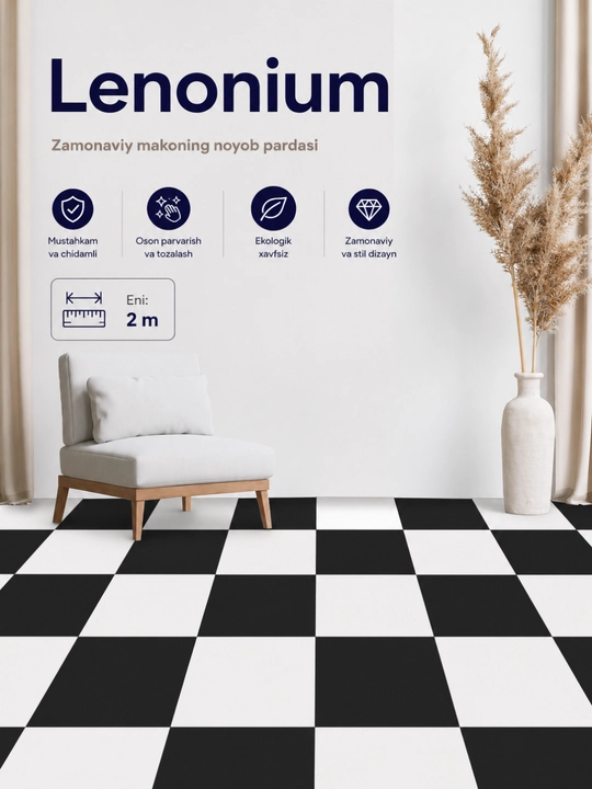 Kengligi 2 metr bo‘lgan, mustahkam va uzoq muddat xizmat qiladigan Lenonium Chess Design pol qoplamasi