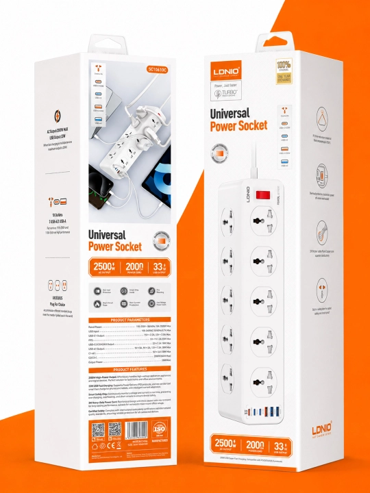 LDNIO SC10610 2500W Udlinitel – 10 Rozetka + 6 USB, PD/QC3.0 Fast Charge, 2M, tarmoq filtr