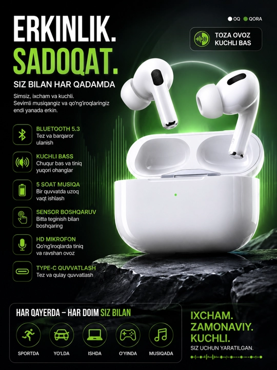 Simsiz quloqchinlar Pods Pro, sensorli, iPhone va Android uchun - 