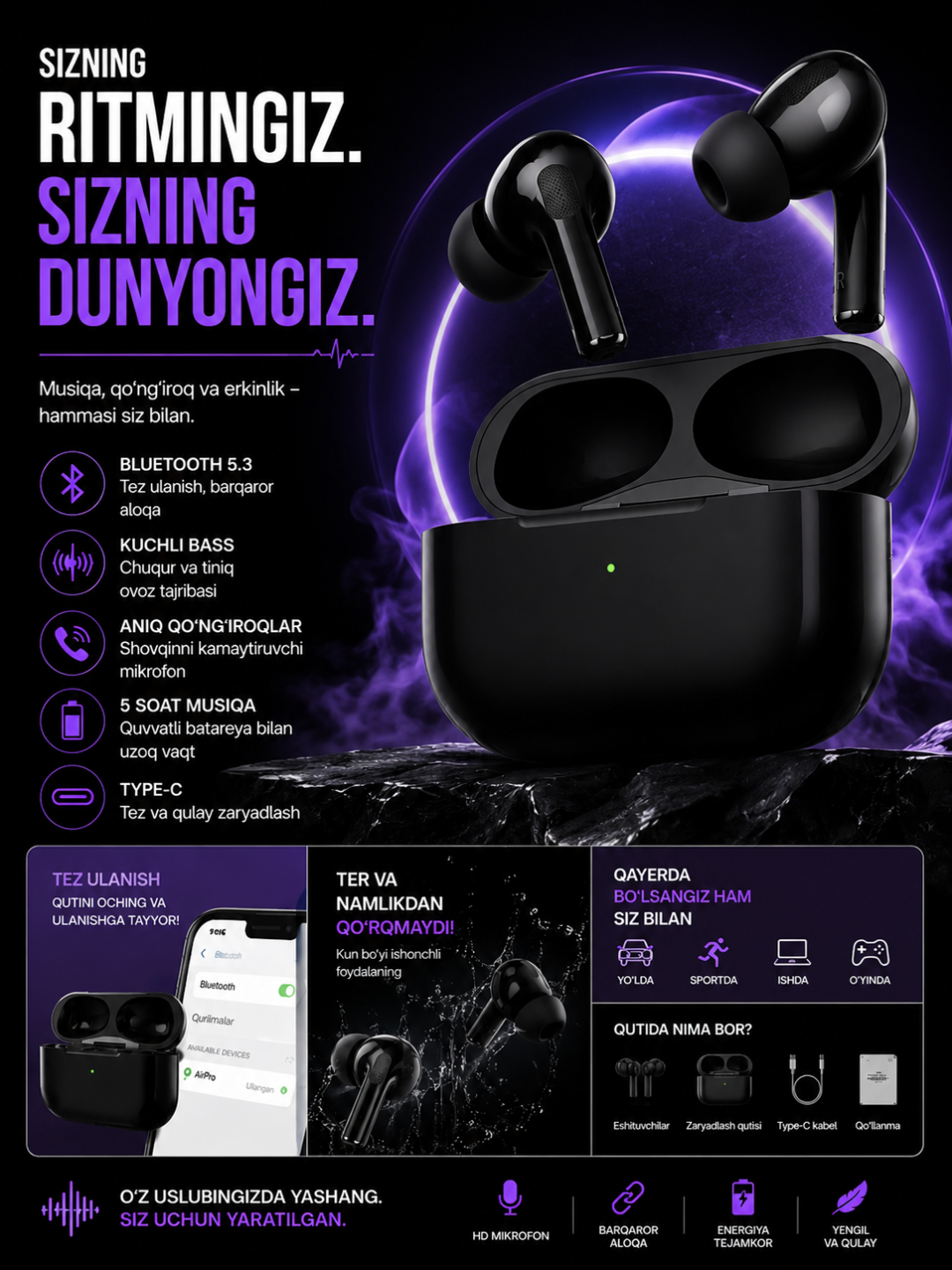 Simsiz quloqchinlar Pods Pro, sensorli, iPhone va Android uchun - 