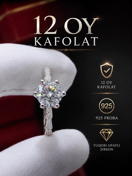 925 probali kumushdan yasalgan ayollar uzugi - sirkon bilan, universal o‘lchamda, 12 oylik kafolat bilan