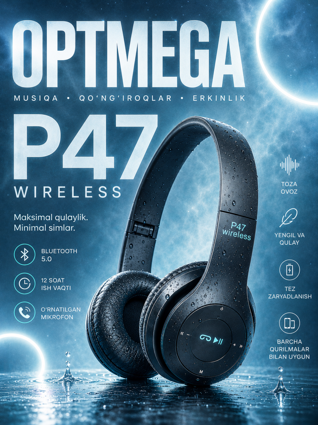 Simsiz Bluetooth quloqchinlar P47, mikrofon, radio va fleshka uyasi bilan - 