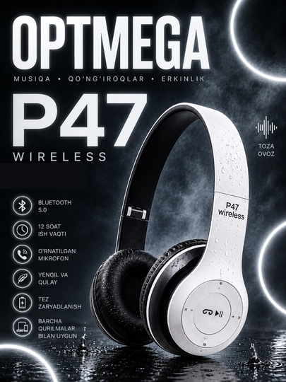 Simsiz Bluetooth quloqchinlar P47, mikrofon, radio va fleshka uyasi bilan - 
