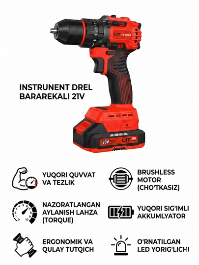 LIT 48V Shurup buragich, zarbaviy buragich, akkumulyator, drel, erkaklar uchun sovg`a