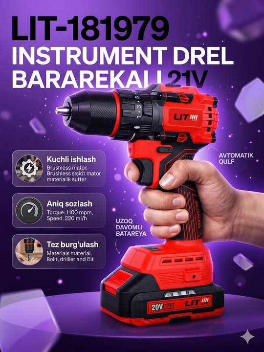 LIT 48V Shurup buragich, zarbaviy buragich, akkumulyator, drel, erkaklar uchun sovg`a - 