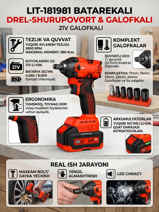 LIT 48V Shurup buragich, zarbaviy buragich, akkumulyator, drel, erkaklar uchun sovg`a