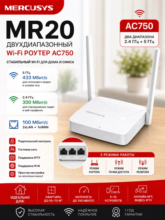 Двух диапазонный роутер Mercusys MR20, AC750 - 
