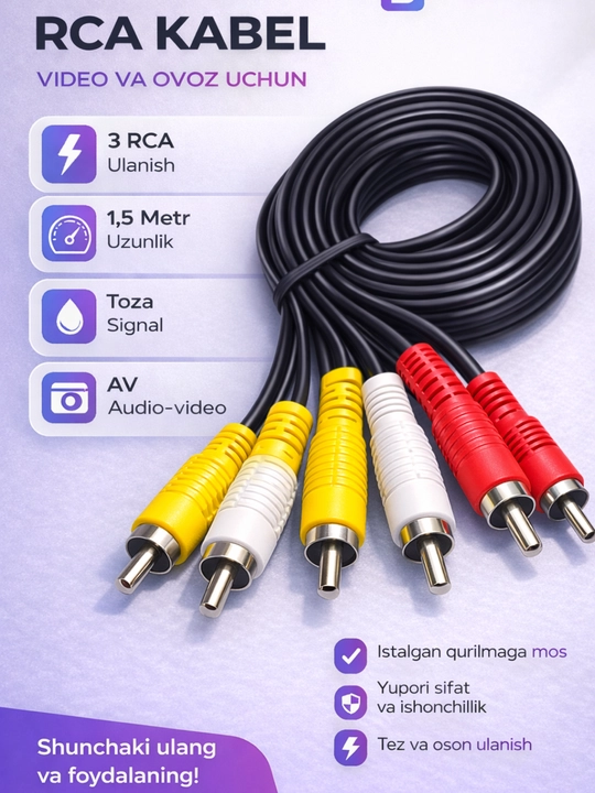 AV kabeli, RCA 3x3 kabeli, Televizor, DVD, televizor qutisi, proektor, video pleer, 1,5 m - 