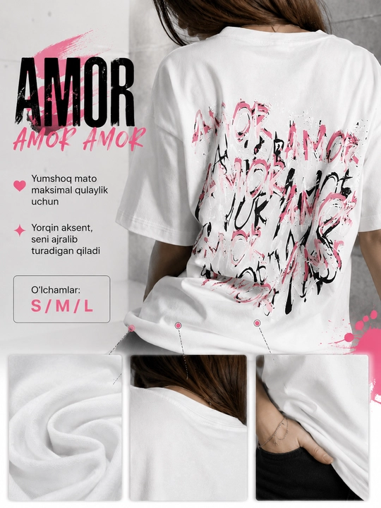 Ayollar uchun oversize futbolka, yozgi cotton t-shirt, AMOR print, qisqa yengli
