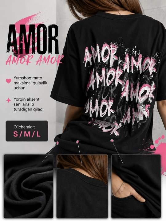 Ayollar uchun oversize futbolka, yozgi cotton t-shirt, AMOR print, qisqa yengli