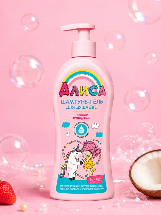 Bolalar uchun dush shampun-geli Alisa "Yumshoq tozalovchi", 2 tasi 1 da, 350 ml