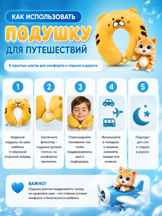 Подушка дорожная детская для шеи 28х30 см, с эффектом памяти, мягкая, съемный чехол