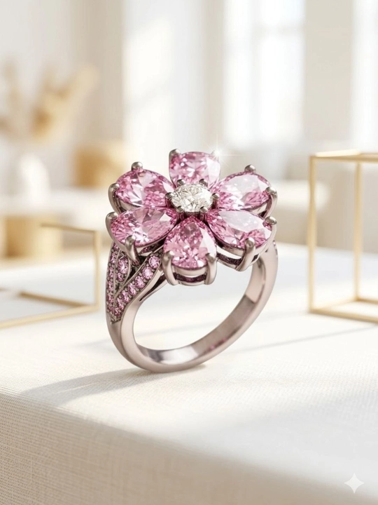 Uchun gul shakAyollar lidagi nafis uzuk, pushti toshli zamonaviy taqinchoq