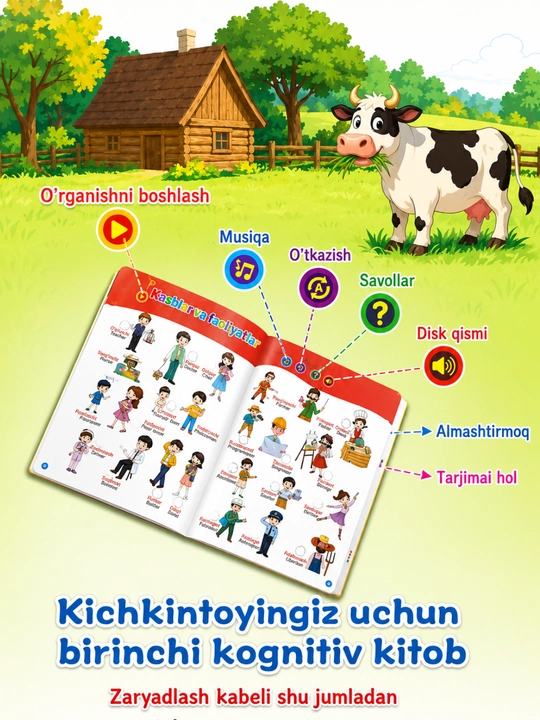Bolalar uchun gapiruvchi kitob, o‘zbek-ingliz tilidagi ta’lim beruvchi kitob, ovoz bilan
