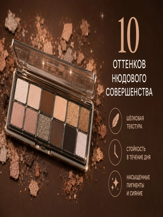 Палетка теней 10 оттенков nude, матовые и сияющие цвета