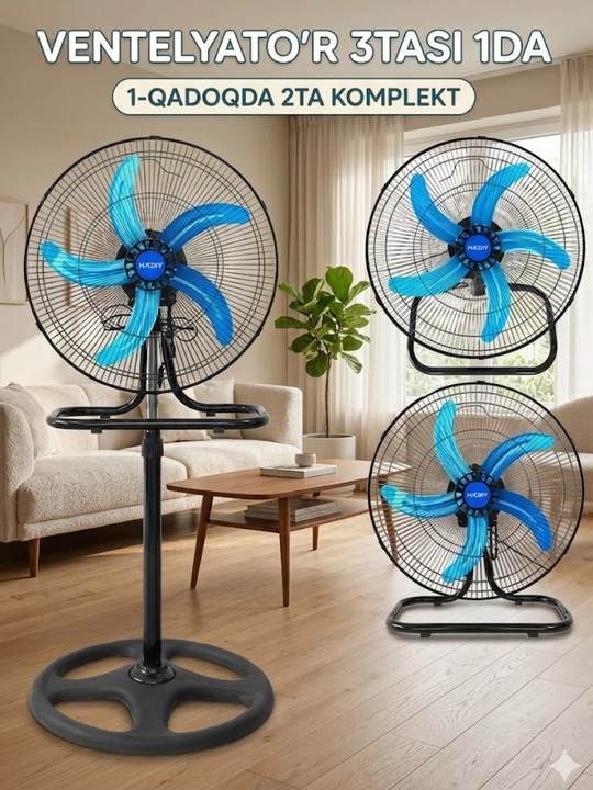 Ventilyator 3v1 pol, stol va devorga osiladigan, 2 komplektli kuchli model